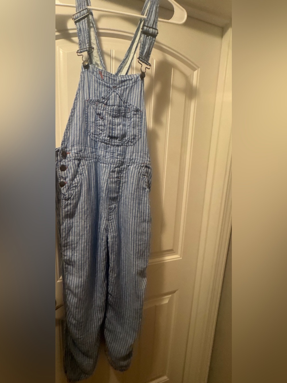 Faherty Blue Linen Mechanic Overalls Skyway Railroad Stripe Jumpsuit XS